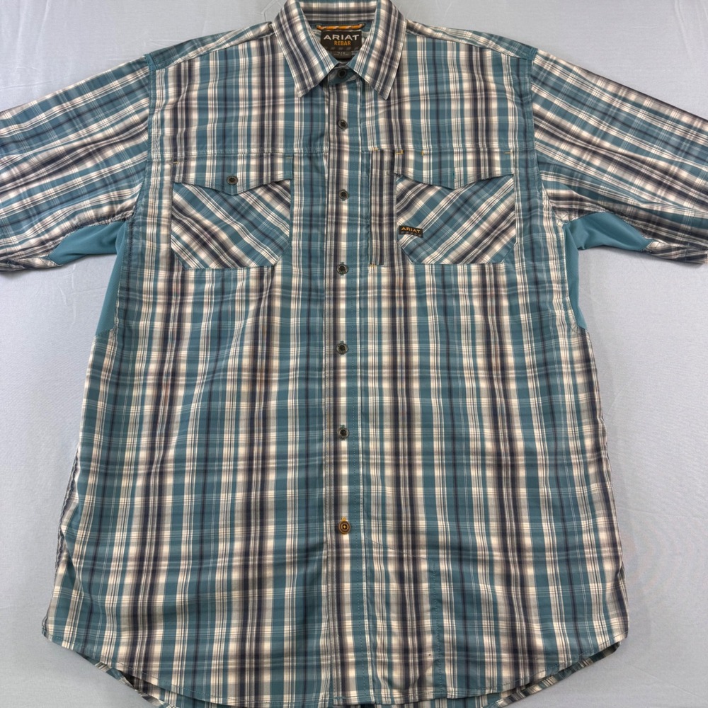 Ariat Rebar Mens Plaid Short Sleeve Work Shirt Blue Teal Mesh Underarm Size M